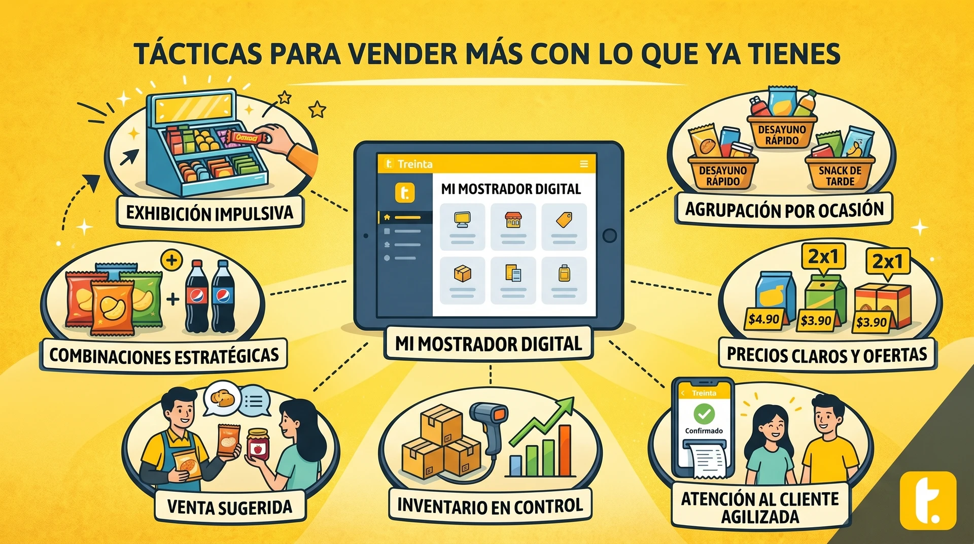 Estrategias de exhibición y precios que aumentan las ventas utilizando el surtido actual del negocio.
